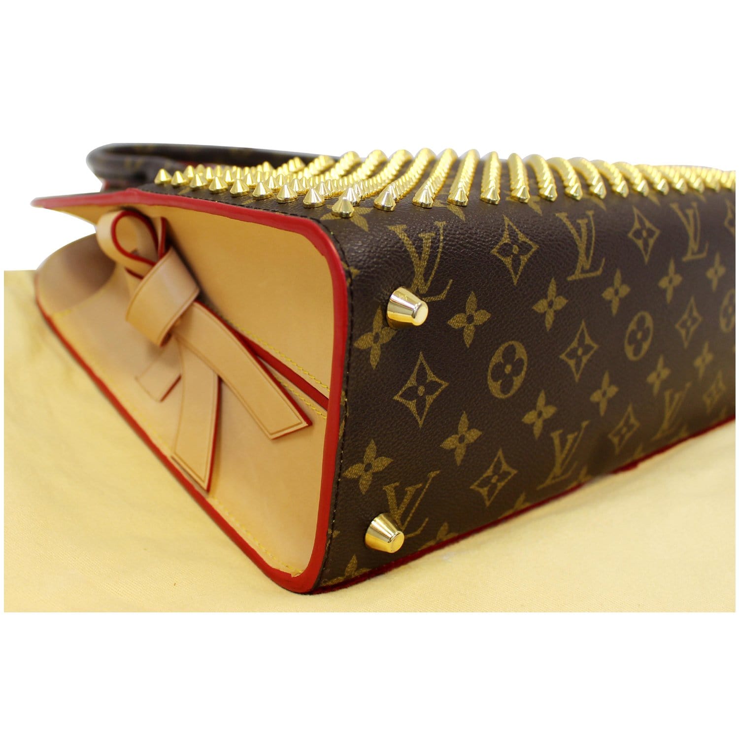 LOUIS VUITTON Monogram Calf Hair Spikes Iconoclasts Christian Louboutin Tote  Red 68265