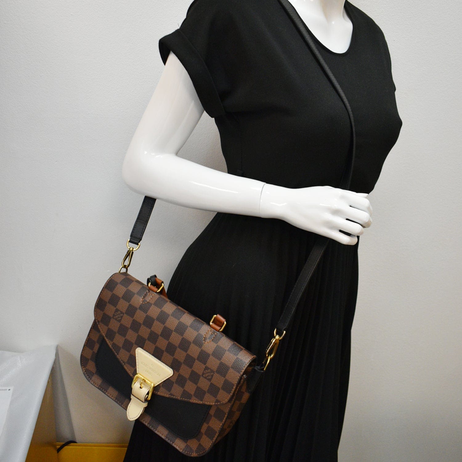 Woman with Brown Louis Vuitton Checkered Bag, White Dress and Dior
