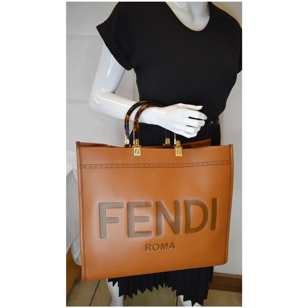 FENDI Sunshine Plexiglass Medium Leather Shopper Tote Bag Brown