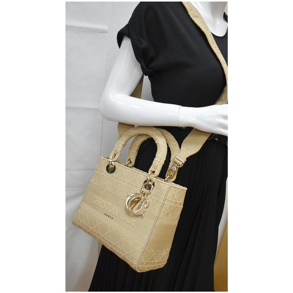 CHRISTIAN DIOR Medium Lady D-Lite Embroidered Canvas Shoulder Bag Beige