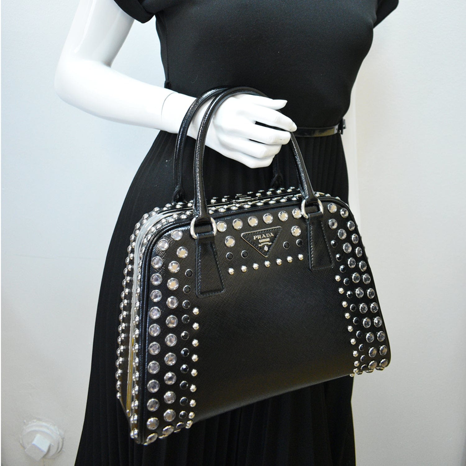 PRADA Women Vernice Crystal Studded Saffiano Leather Top Handle Should