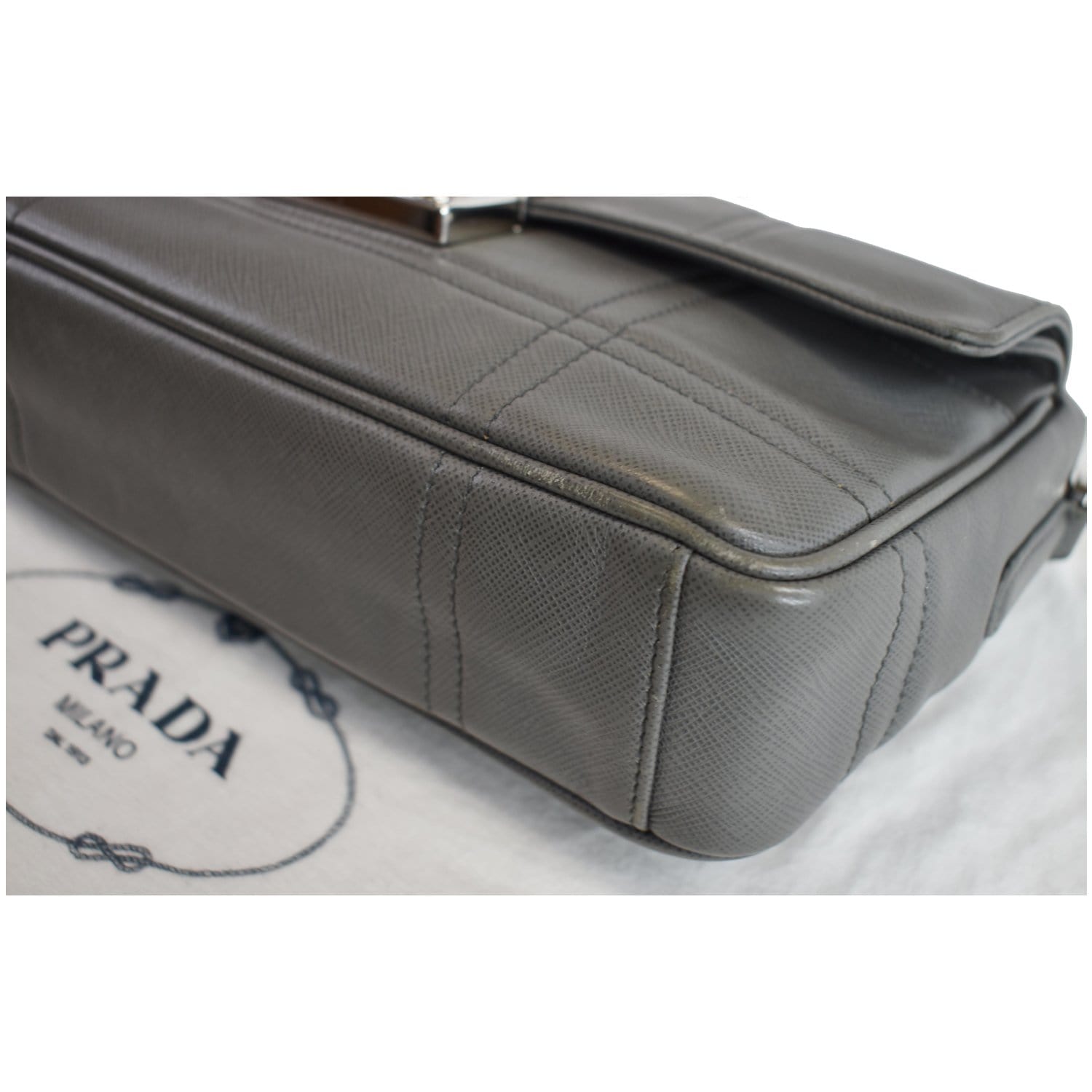 PRADA Saffiano Lux Leather Sound Shoulder Bag Light Grey