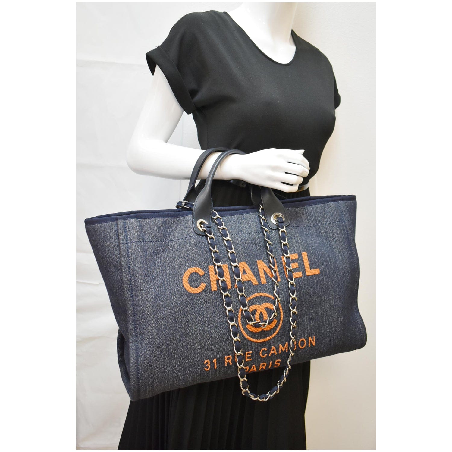 Chanel Medium Deauville Shopping Bag Dark Grey Denim Silver Hardware