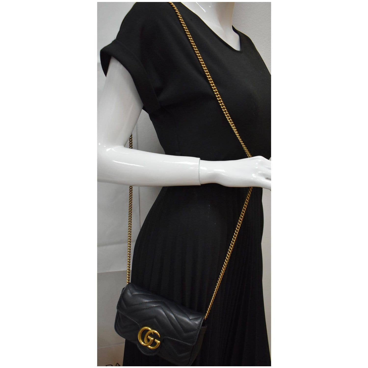 GUCCI Calfskin Matelasse Super Mini GG Marmont Shoulder Bag Black