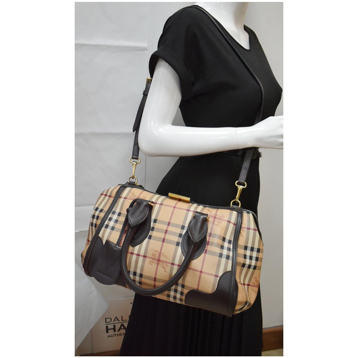 BURBERRY Haymarket Check Small Chester Bowling Bag Chocolate