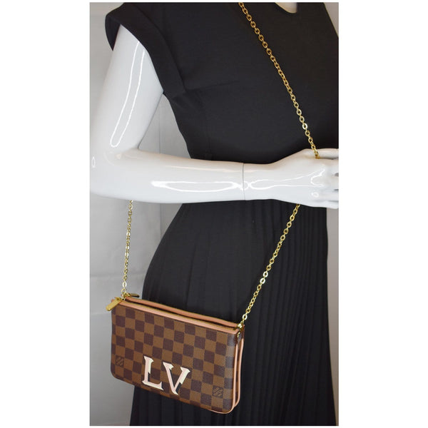 LOUIS VUITTON Double Zip Pochette Damier Ebene Crossbody Bag Brown