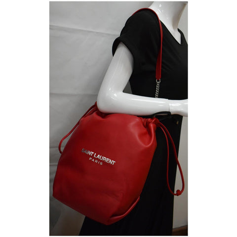 YVES SAINT LAURENT Teddy Lambskin Leather Bucket Shoulder Bag Red