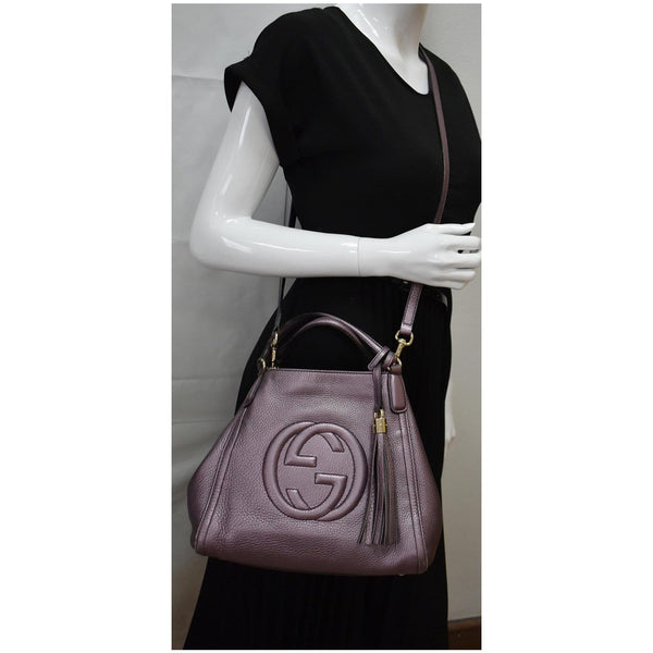 GUCCI Soho Small Pebbled Leather Shoulder Bag Metallic Purple 336751