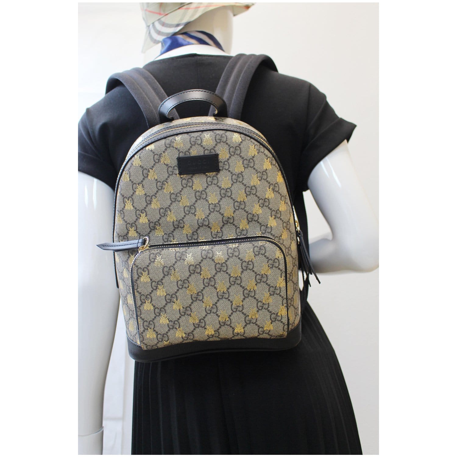 Gucci Small Backpack GG Supreme Beige Black PVC Leather 429020 Rucksack  Women's Men's