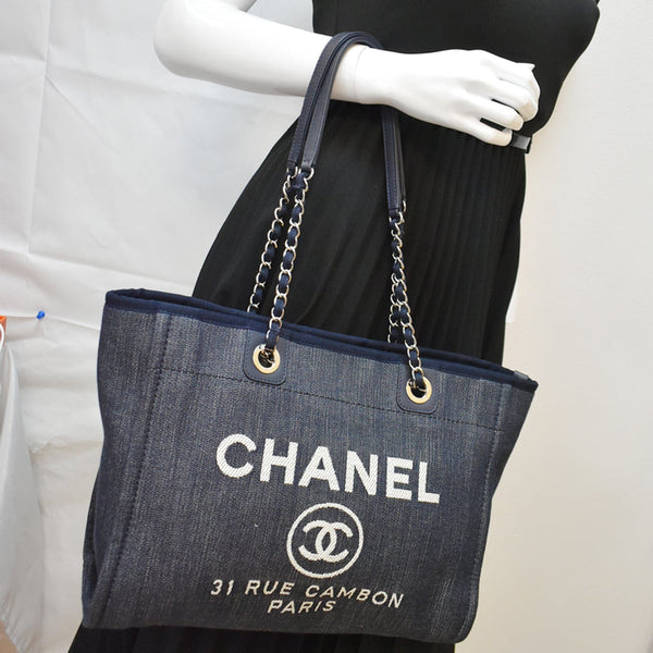 CHANEL Deauville Medium Denim Leather Tote Bag Dark Blue