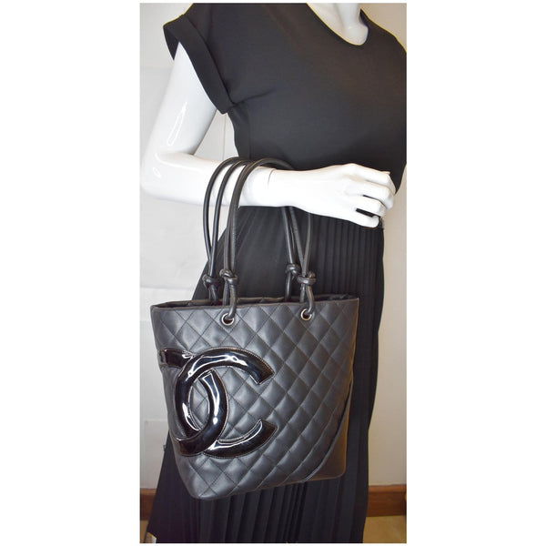 CHANEL Cambon Ligne Quilted Calfskin Leather Tote Bag Black