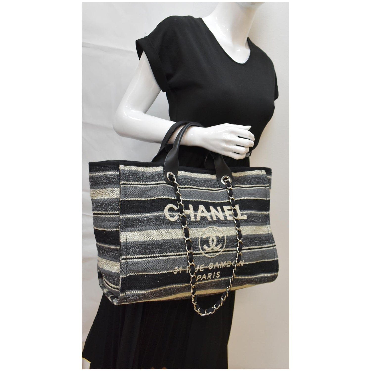 CHANEL DEAUVILLE 2023 SS Stripes Canvas A4 2WAY Chain Logo Totes