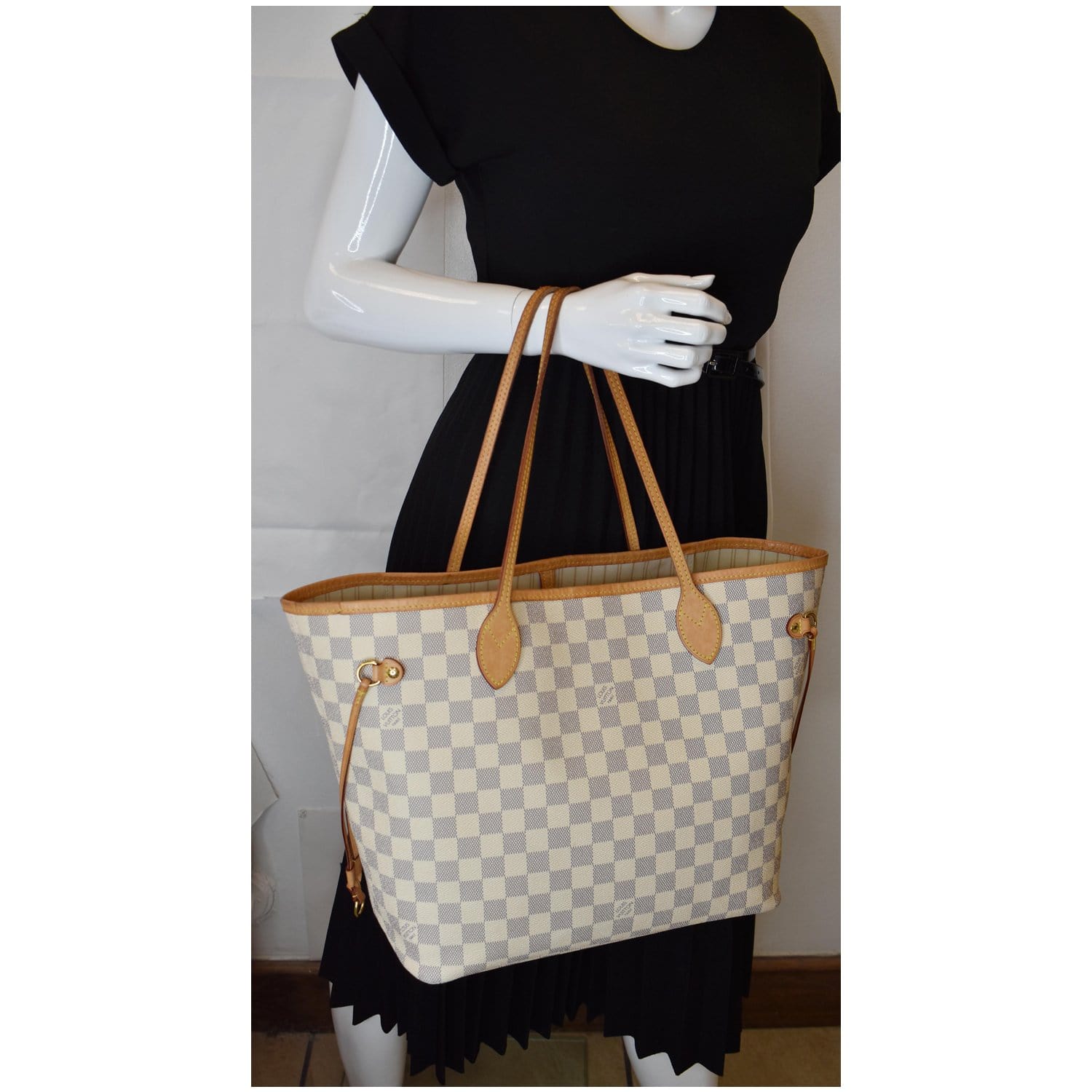 Guaranteed AuthenticLouis Vuitton Neverfull Tote GM Beige Grey Leather  Damier Az
