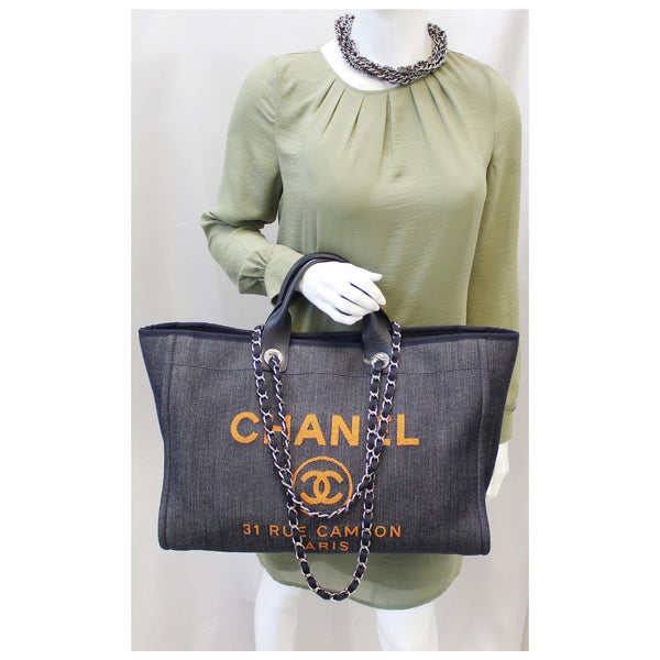 CHANEL Deauville Large Denim Shopping Tote Bag Dark Blue