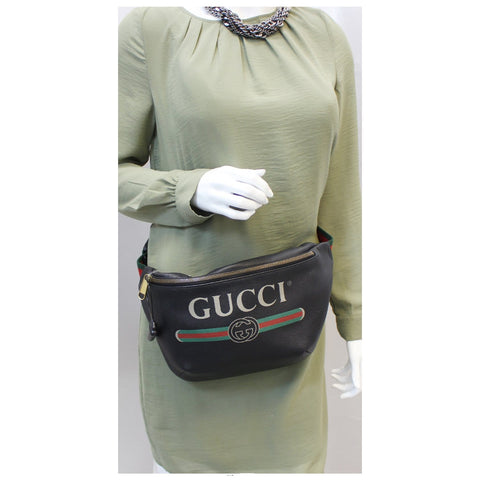 GUCCI Print Leather Black Belt Travel Waist Bum Bag 493869-US