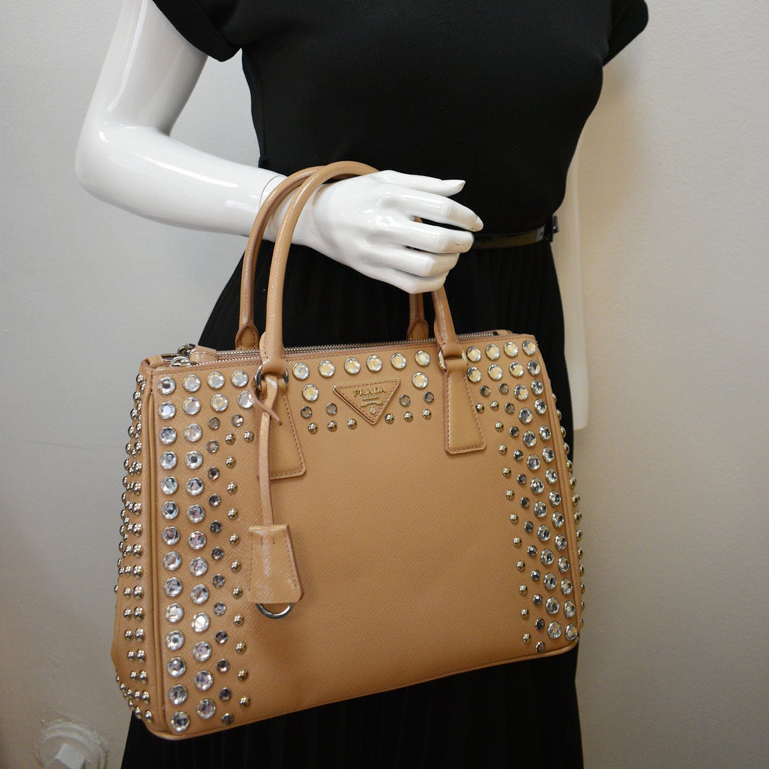 PRADA Women Vernice Crystal Studded Saffiano Leather Top Handle Should