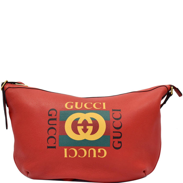 GUCCI Half Moon Logo Calfskin Leather Hobo Shoulder Bag Red 523588