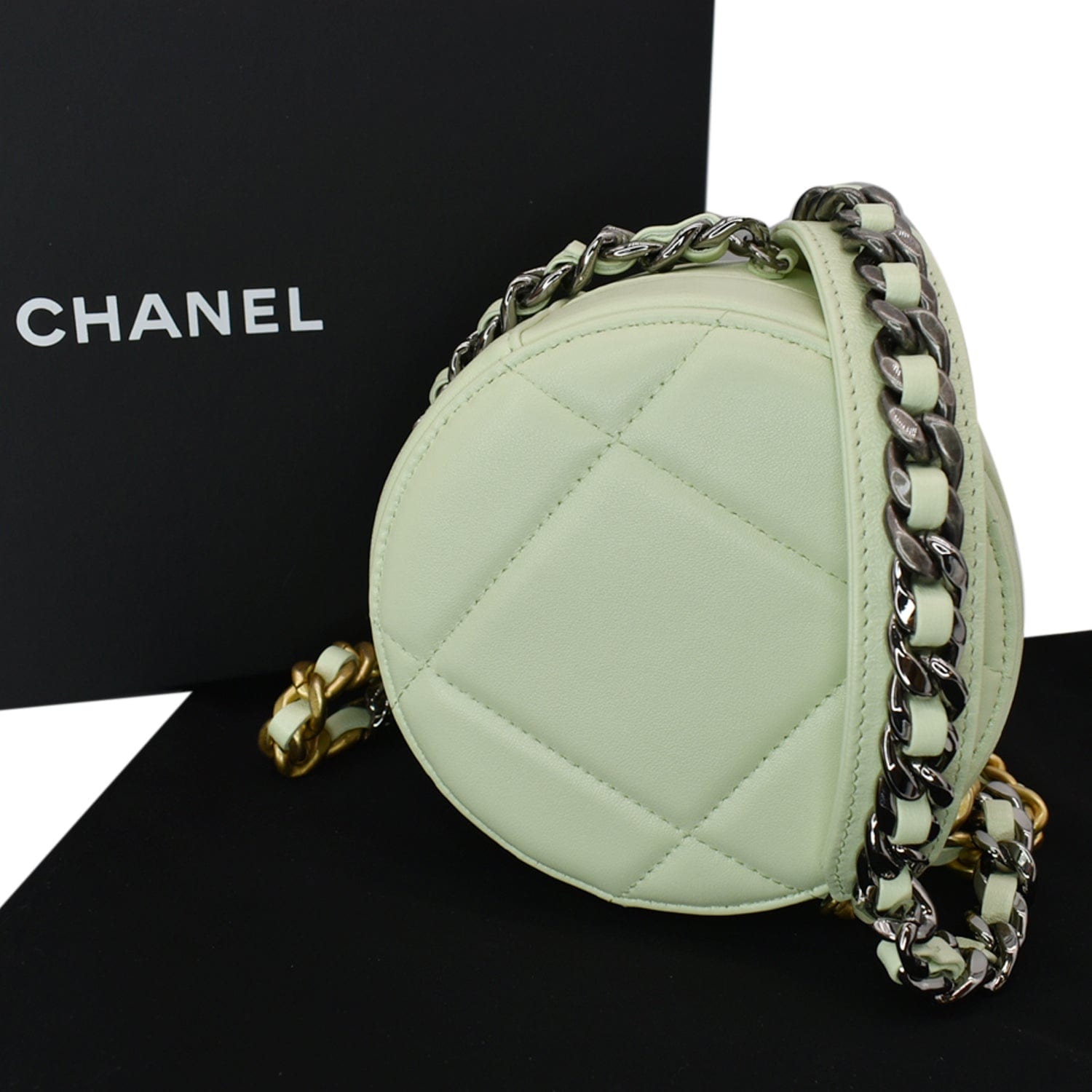 CHANEL 19 Round Clutch Chain Shoulder Bag Leather Silver AP0945