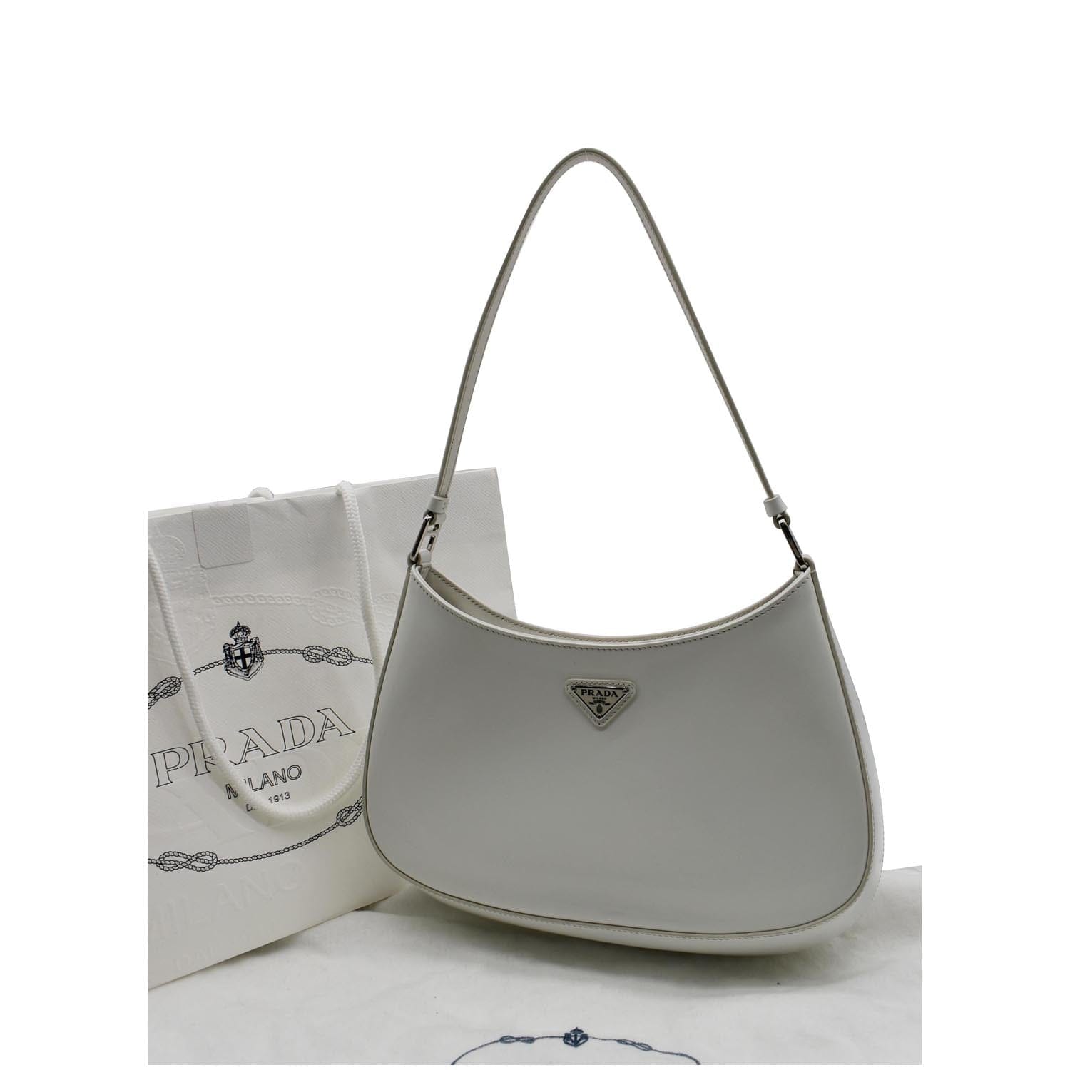 Silver Prada Cleo Brushed Leather Shoulder Bag