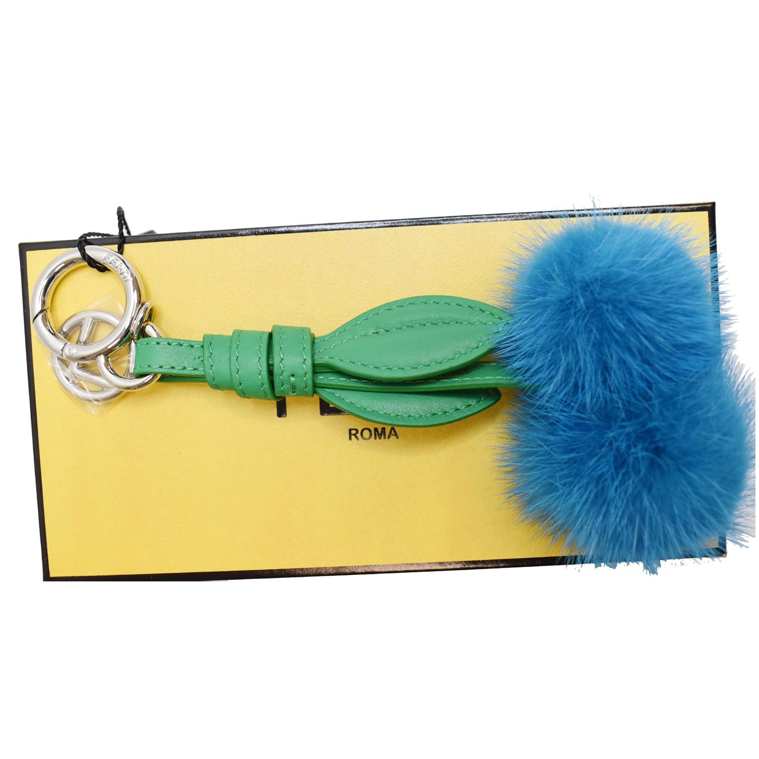 2 Real mink fur bag charm/keychain pompoms blue color with leather