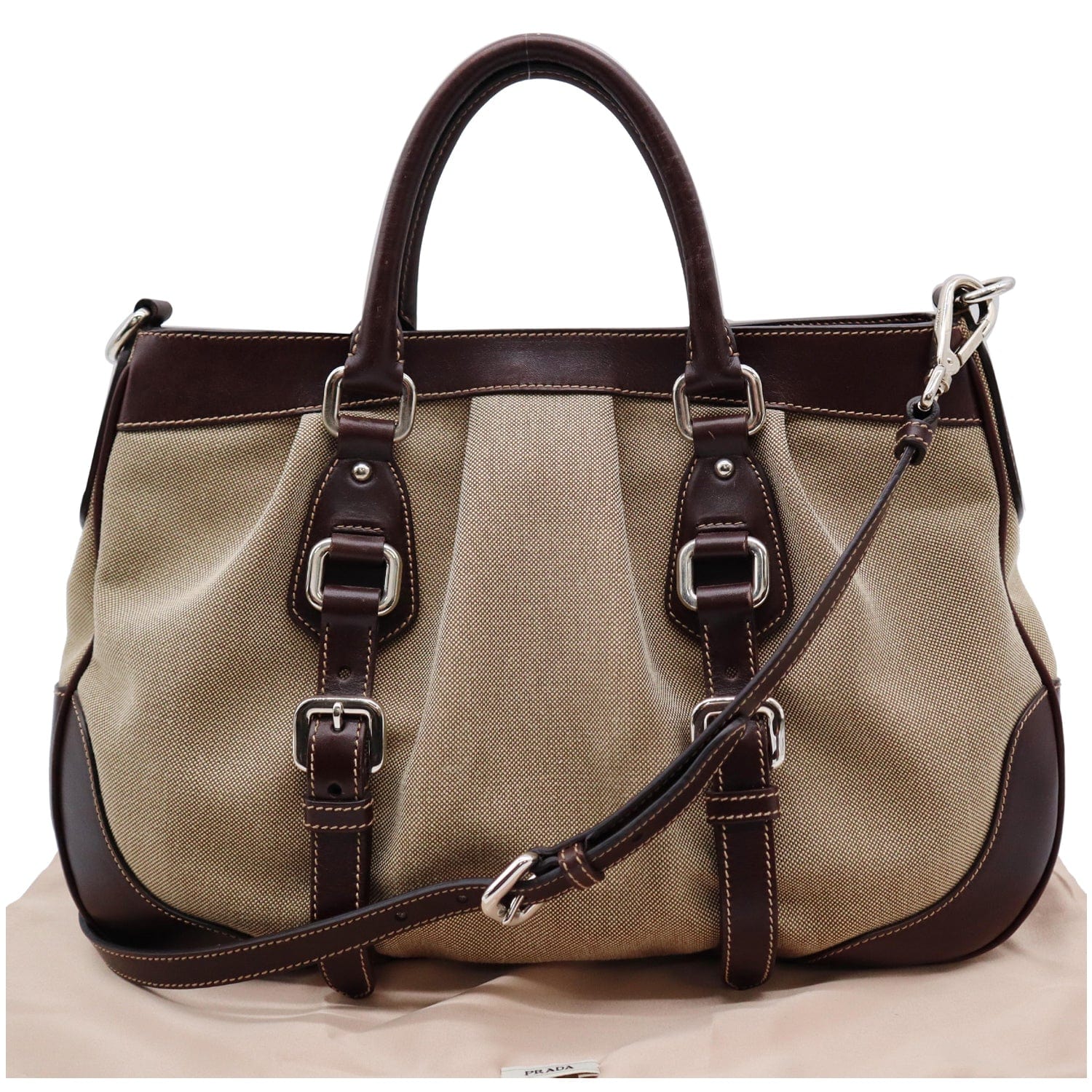 Prada Vintage - Canvas Satchel Bag - Brown Beige - Leather Handbag