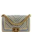 CHANEL Medium Boy Chevron Cotton Mixed Fibers Shoulder Bag Beige