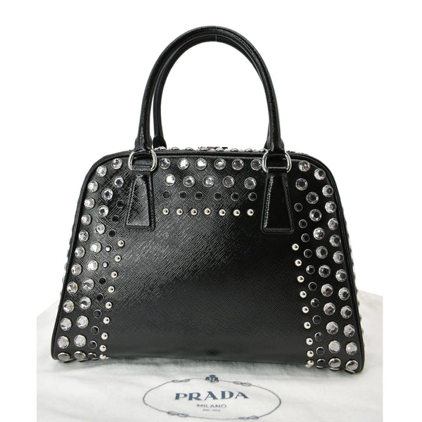 PRADA Vernice Crystal Small Frame Studded Saffiano Leather Top Handle Bag Black