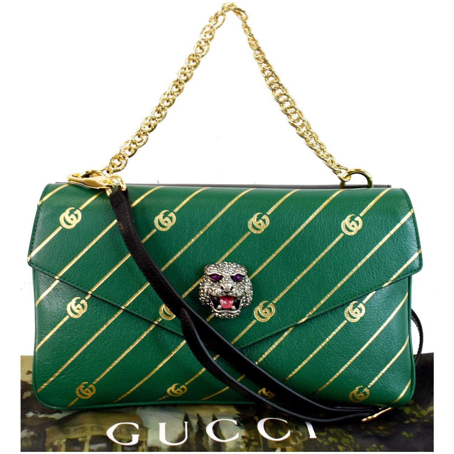 GUCCI Thiara Medium Double Smooth Leather Shoulder Bag Green Black 524