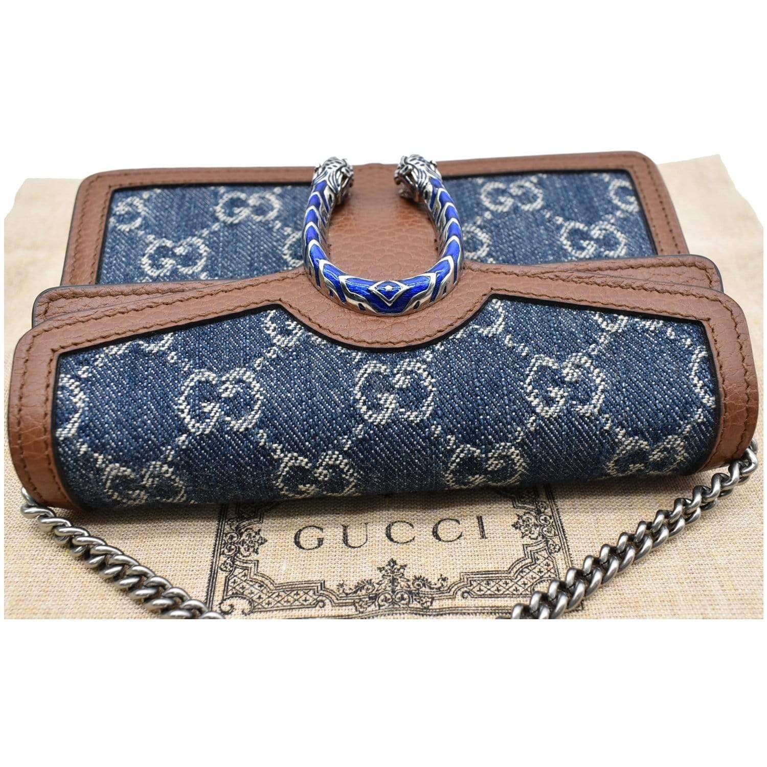 GUCCI New Denim GG Monogram Super Mini Dionysus Shoulder Bag Blue Tea Cuir  1302442