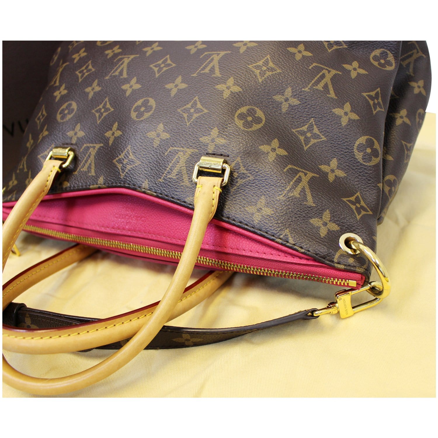 Louis Vuitton Brown Monogram Coated Canvas and Cerise Leather Pallas mm Gold Hardware (Very Good), Brown/Red Womens Handbag