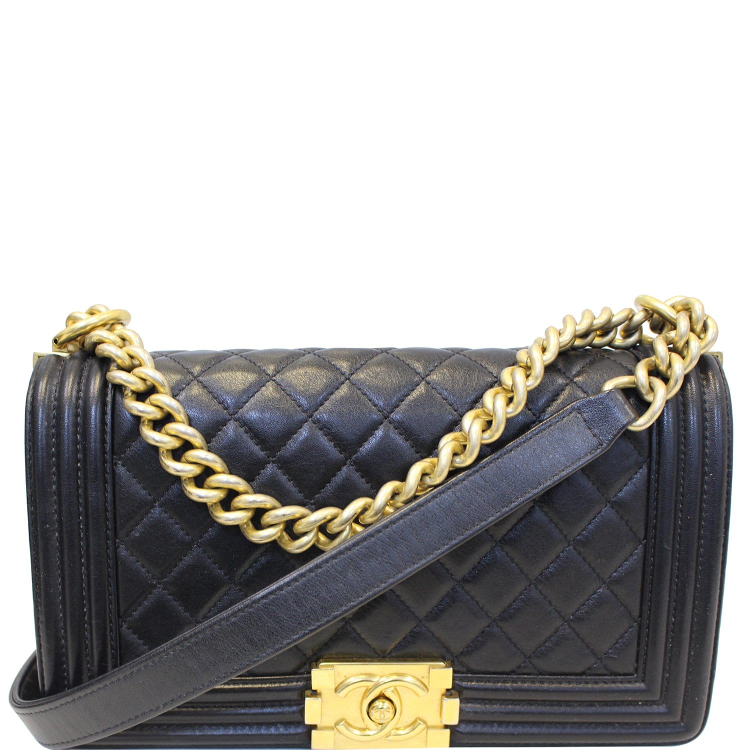 Chanel Medium Boy Bag Black Chevron Caviar Light Gold Hardware