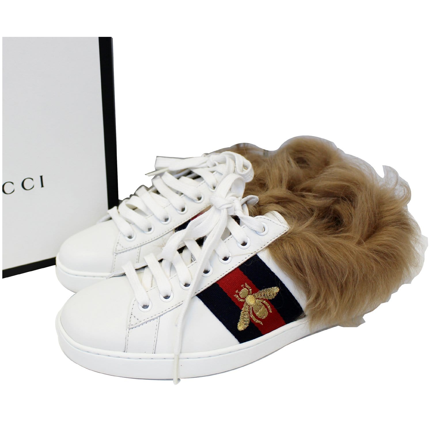 Men's luxury sneakers - Gucci ACE sneakers with fur and gold embroidered  bee