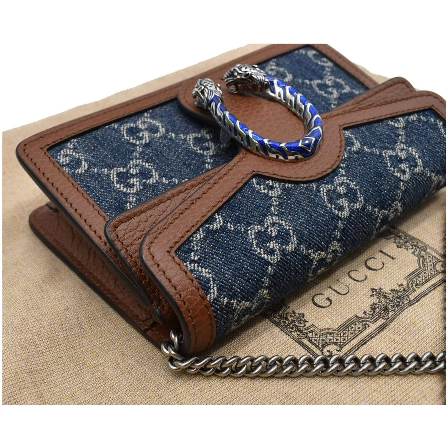 Gucci Denim GG Monogram Mini Dionysus Chain Wallet Blue 