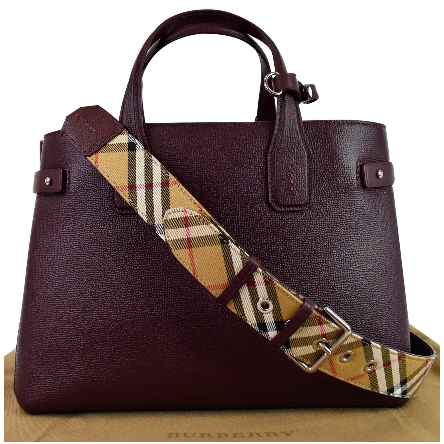 AUTH BURBERRY BANNER CAMEL BROWN LEATHER CHECKED SHOULDER CROSS TOTE BAG