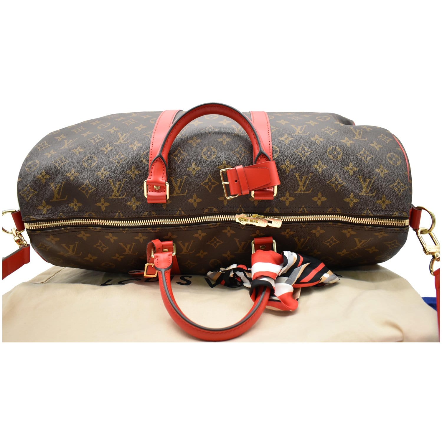 Louis Vuitton Keepall 50 Bandouliere Monogram with Red Coquelicot Trim –  Vault 55