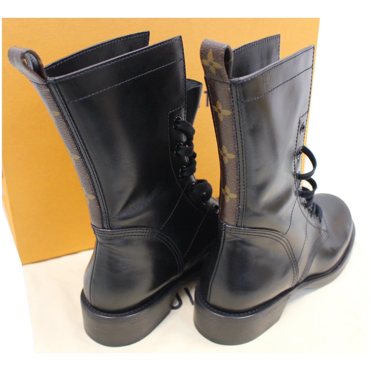 LOUIS VUITTON Size 6.5 Black Patches Leather Metropolis Ranger Boots