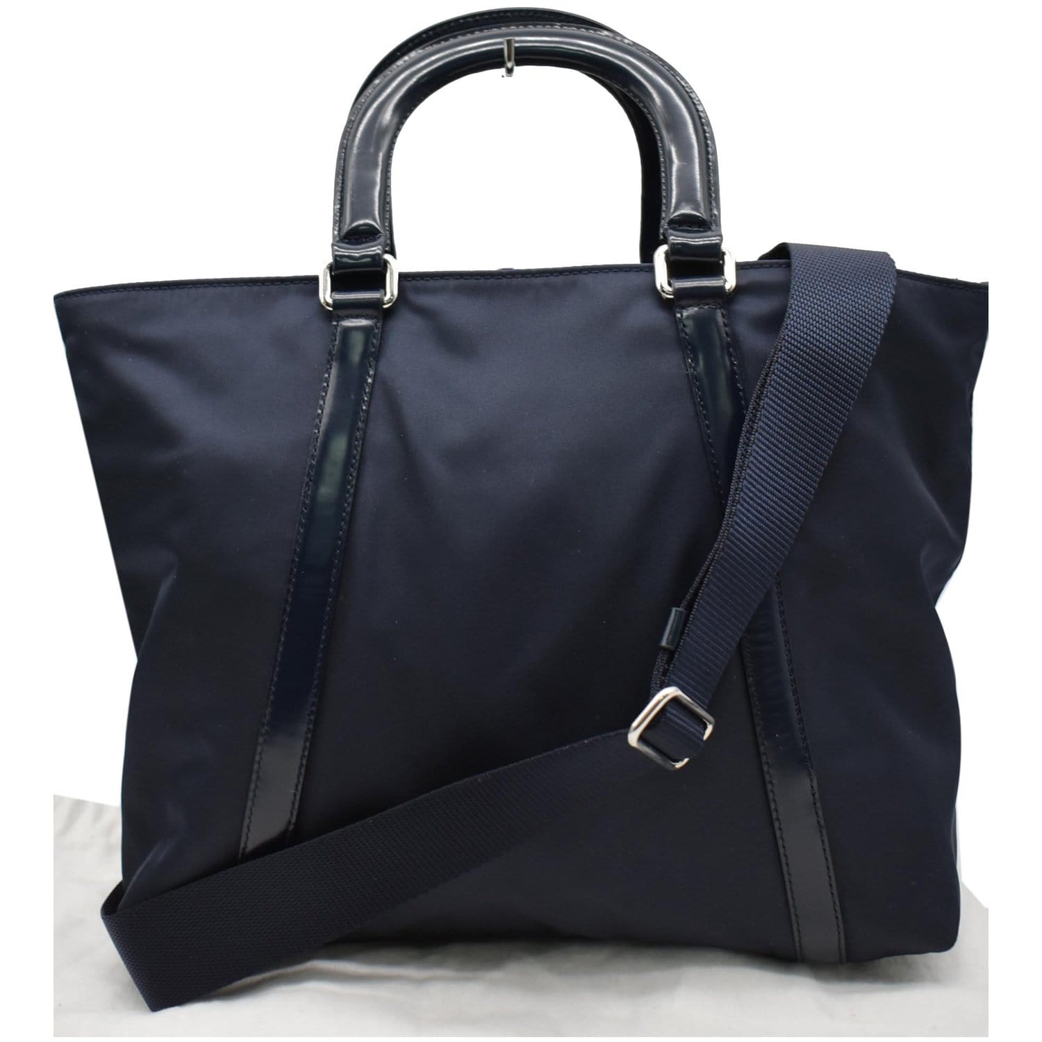 Auth PRADA Logo Tote Bag Shoulder Bag Navy Nylon Leather BR4997 Used 
