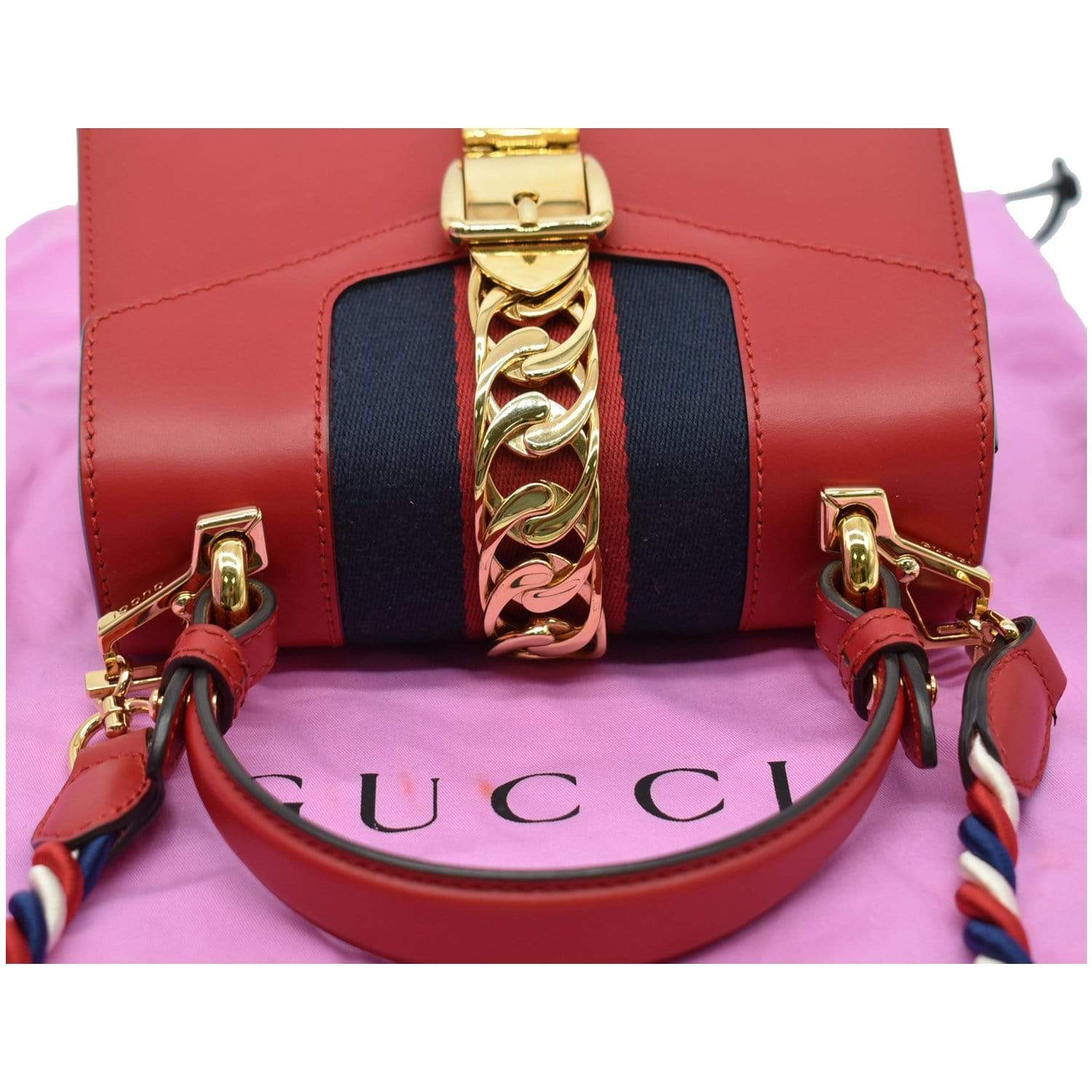 Gucci Red Leather Mini Web Sylvie Chain Crossbody Bag at 1stDibs