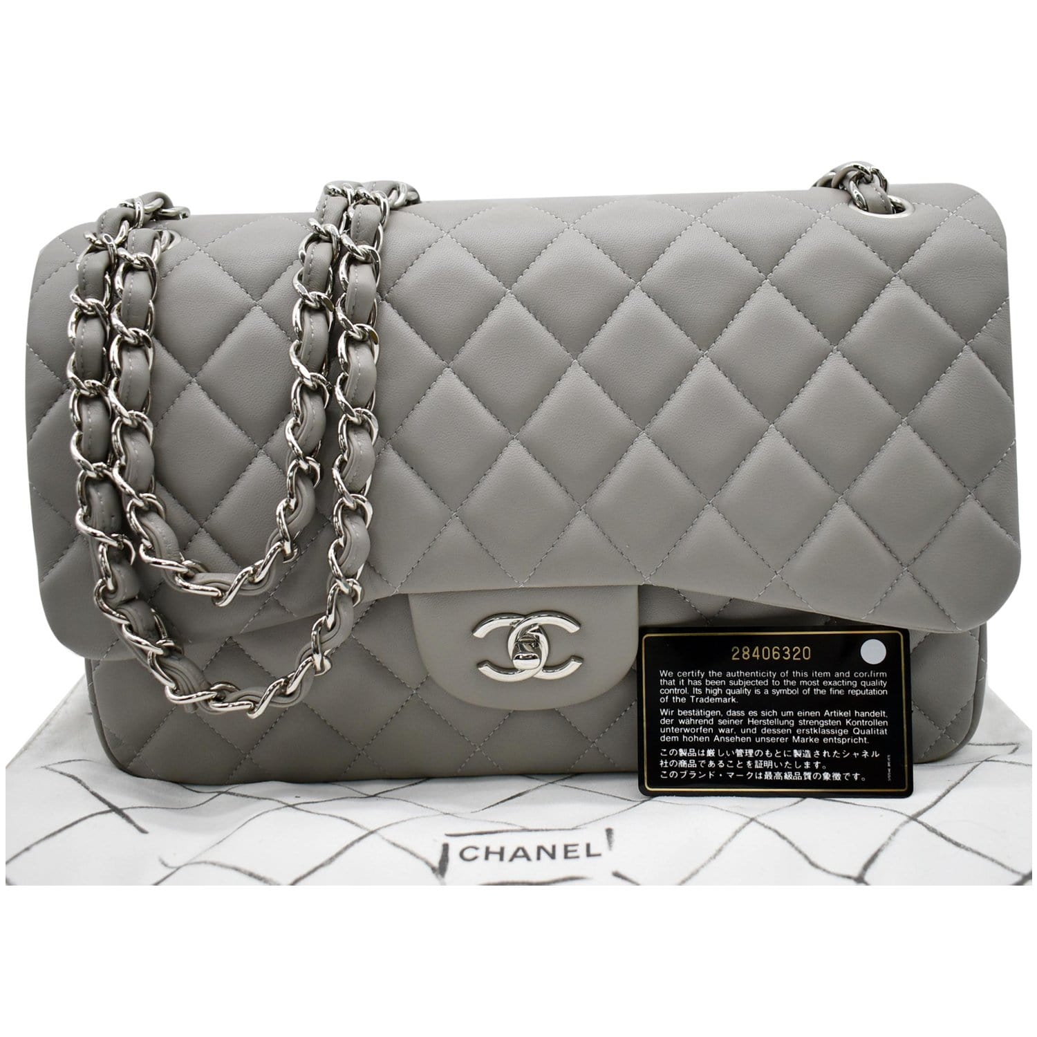 Chanel Lambskin Chevron Quilted Jumbo Classic Flap Shoulder Bag, Grey