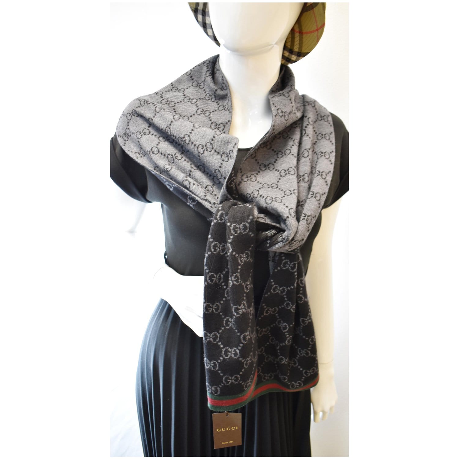 GG jacquard wool silk scarf in light grey
