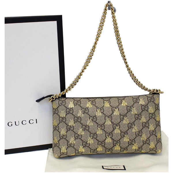 GUCCI Linea Bee GG Supreme Wristlet Handbag Beige/Gold-US