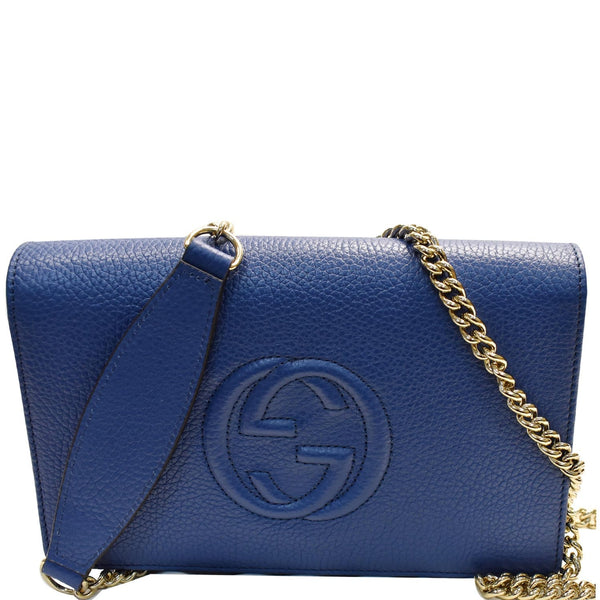 GUCCI Mini Soho Pebbled Leather Wallet On Chain Bag Blue 598211