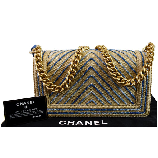 CHANEL Medium Boy Chevron Cotton Mixed Fibers Shoulder Bag Beige