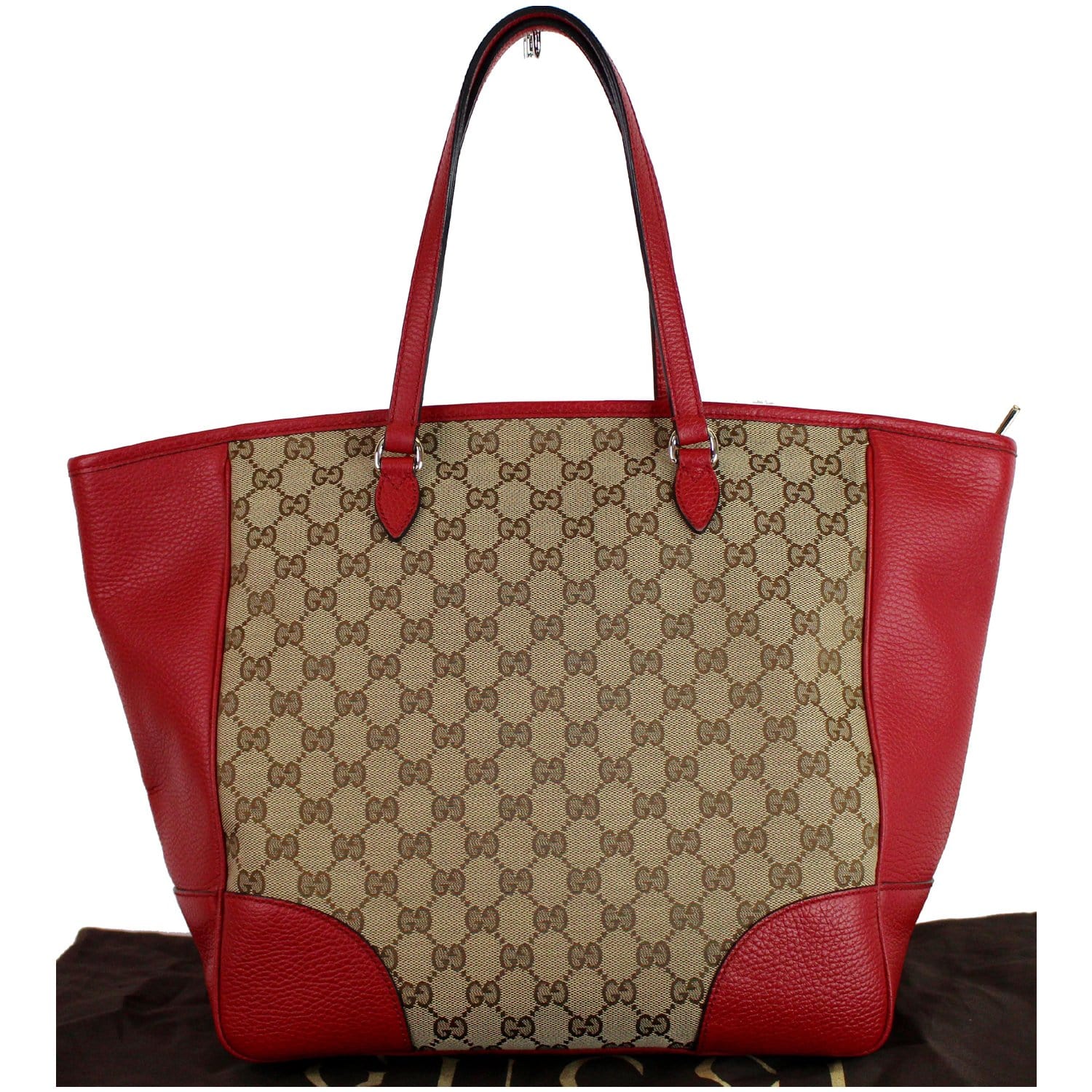 VINTAGE GUCCI 131228 GG Canvas Tote Bag / Web Zip Tote Bag Brown/Red Sz  Small