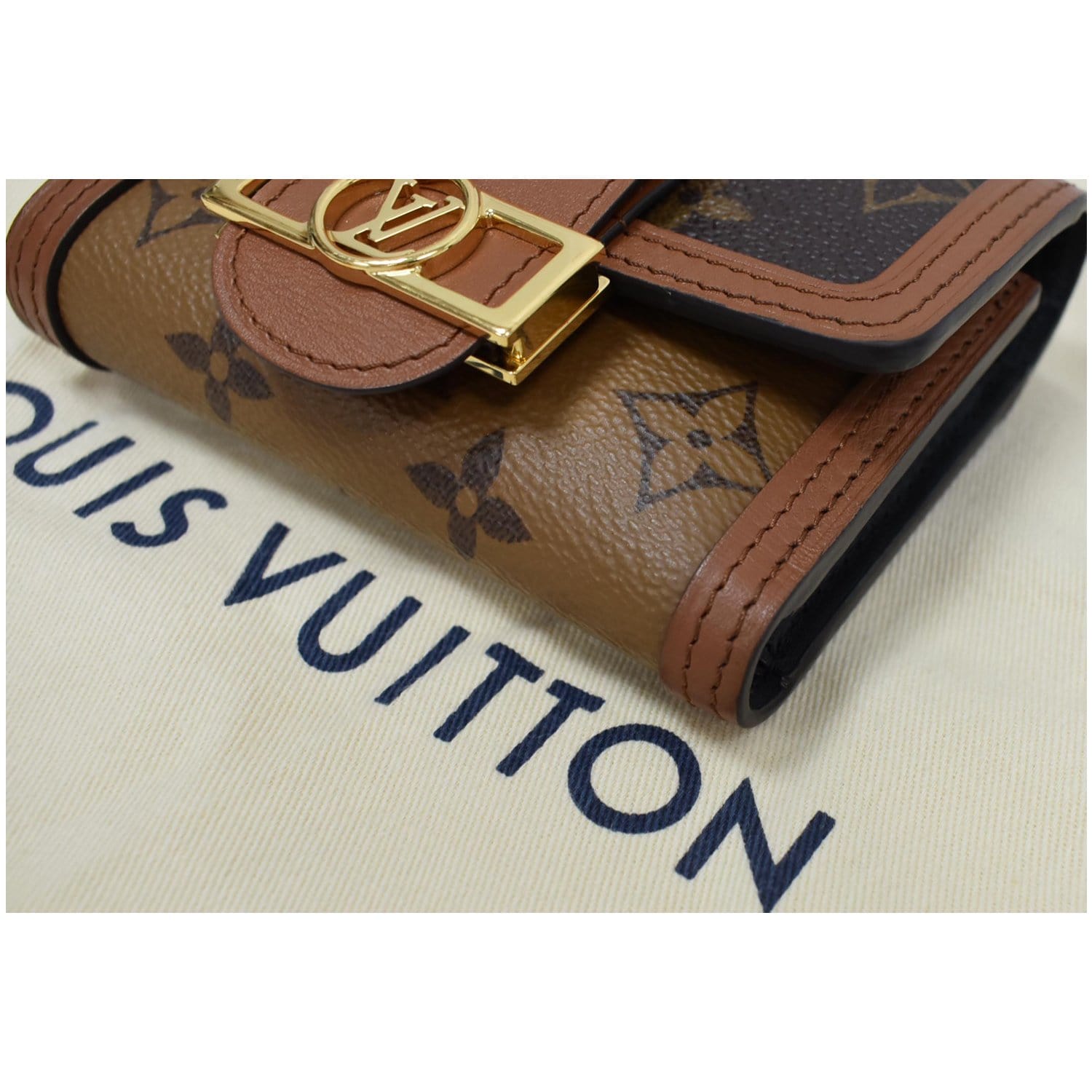 Louis Vuitton Brown, Pattern Print Reverse Monogram Dauphine Chain Wallet