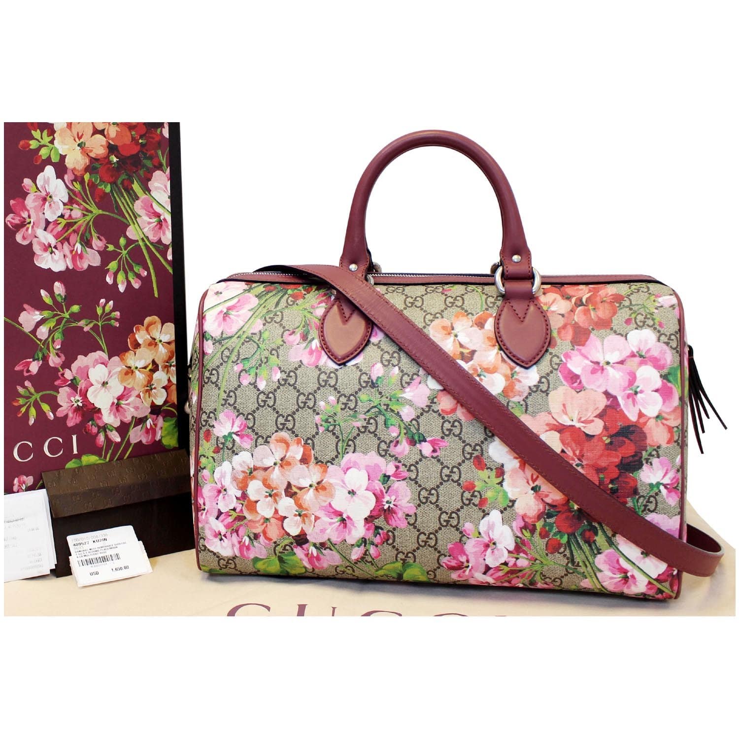 100% Authentic Gucci Blooms Boston Canvas Crossbody Bag