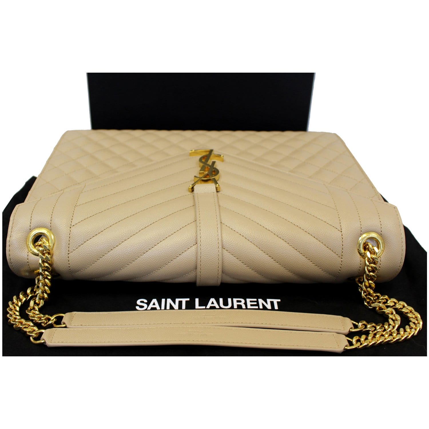Saint Laurent Monogram Embossed Dark Beige Leather Clutch Bag New