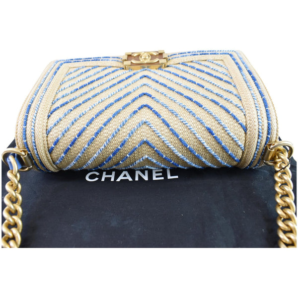 CHANEL Medium Boy Chevron Cotton Mixed Fibers Shoulder Bag Beige