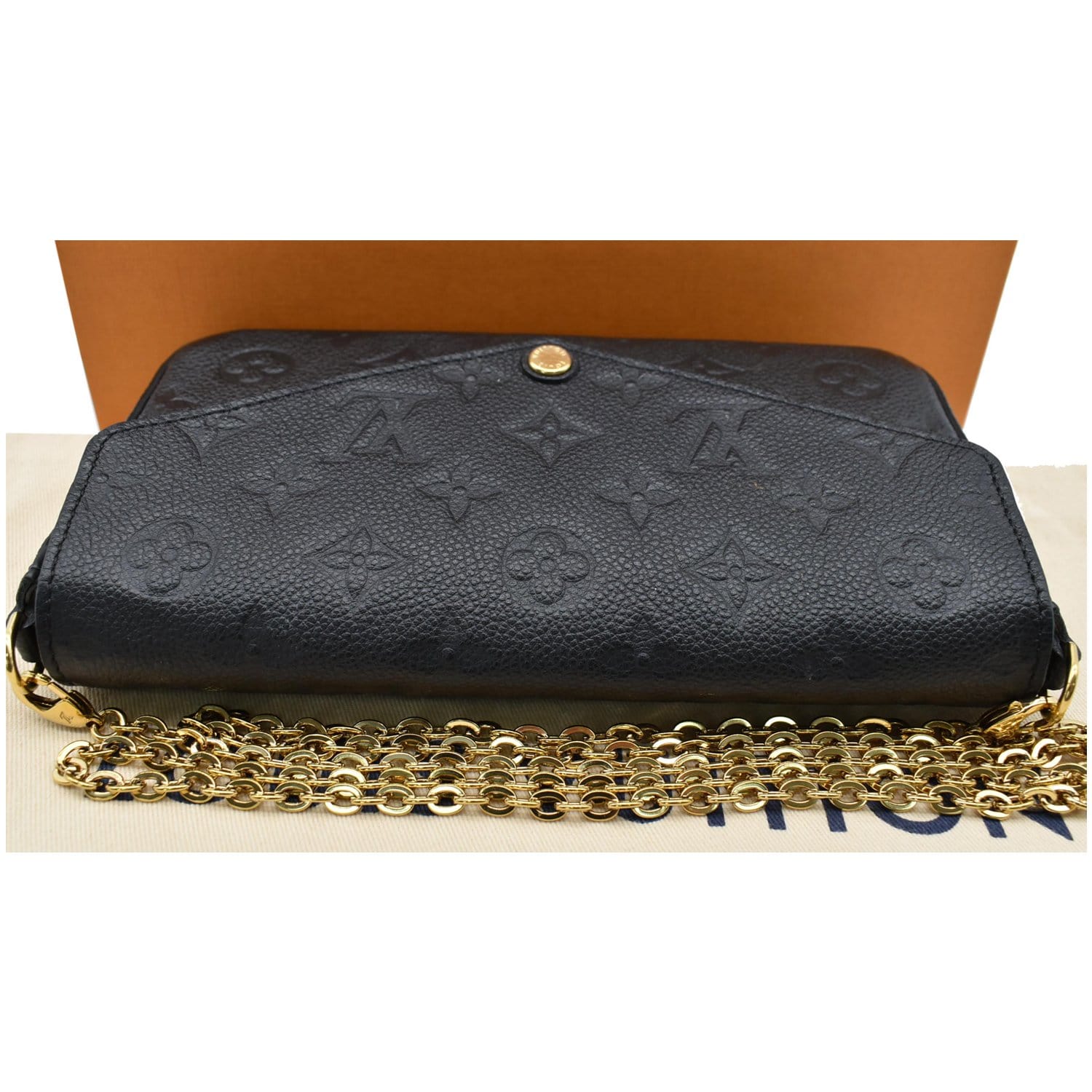 Copy Louis Vuitton black monogram crossbody purse gold chain strap