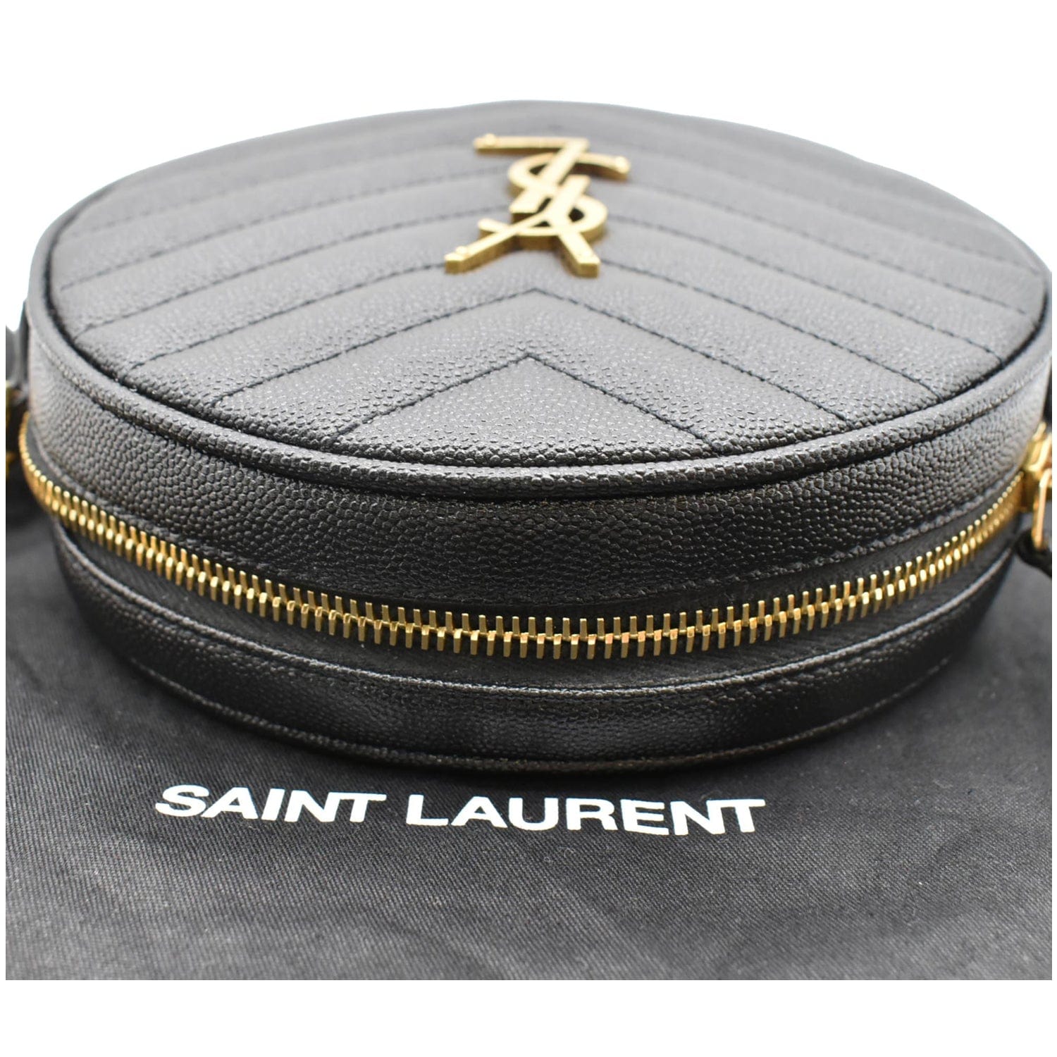 Saint Laurent Vinyle Round Camera Bag Chevron Quilted Grain de Poudre Black  in Calfskin Leather with Bronze-tone - US